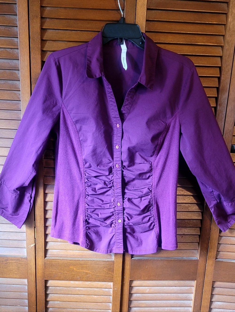 NY Collection women's purple button-down shirt featuring a unique ruched-front